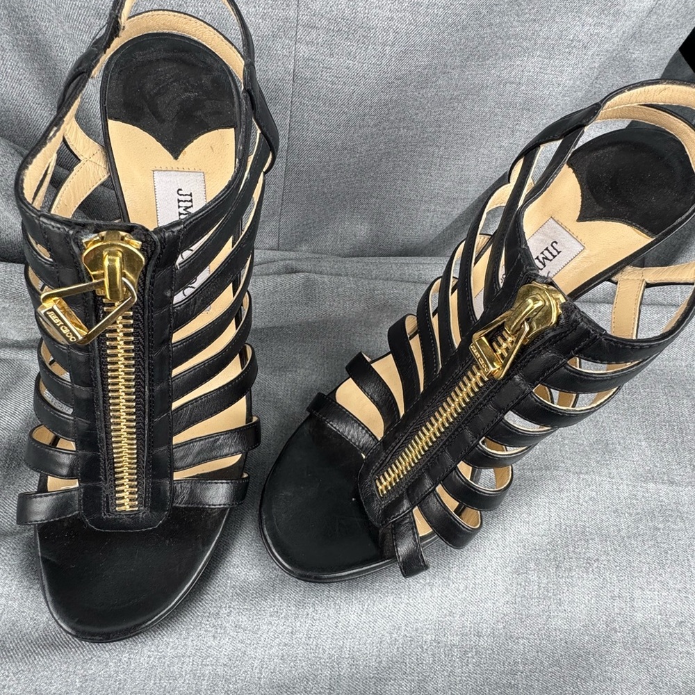Jimmy Choo Size 37. Black Strappy Sandals with Gold Accents